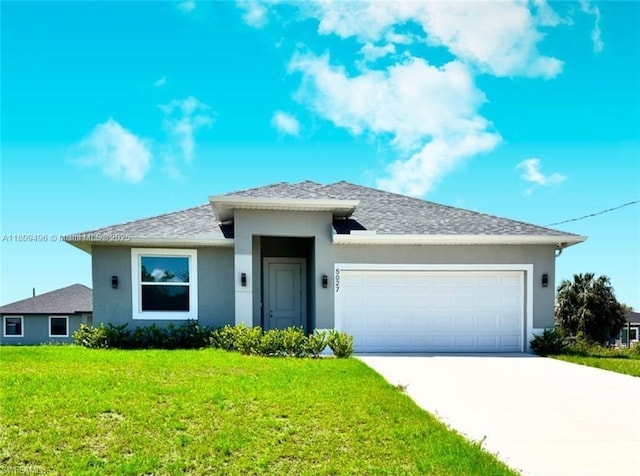 5027 S Peachtree Cir, La Belle, FL 33935 - view of front facade with a garage, a front yard, concrete driveway, stucco siding, and roof with shingles