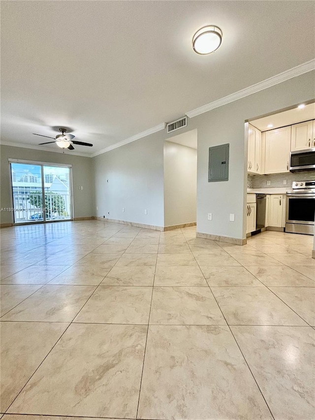 3536 NE 168th St Unit 201, North Miami Beach, FL 33160 - unfurnished living room with crown molding, electric panel, a ceiling fan, light tile patterned floors, and baseboards