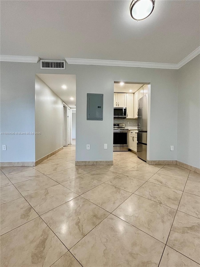 3536 NE 168th St Unit 201, North Miami Beach, FL 33160 - unfurnished living room featuring ornamental molding, electric panel, baseboards, and light tile patterned floors