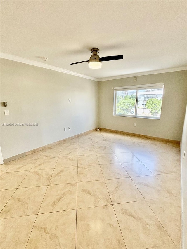 3536 NE 168th St Unit 201, North Miami Beach, FL 33160 - spare room with ornamental molding, a ceiling fan, light tile patterned floors, and baseboards