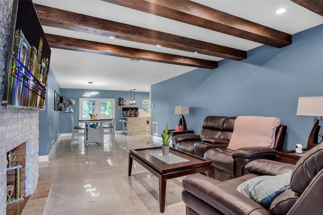 641 SW 50th Ave, Margate, FL 33068 - living area featuring baseboards, a brick fireplace, beam ceiling, recessed lighting, and light tile patterned floors