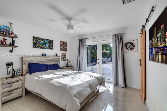 641 SW 50th Ave, Margate, FL 33068 - bedroom featuring a barn door, access to exterior, a ceiling fan, baseboards, and french doors