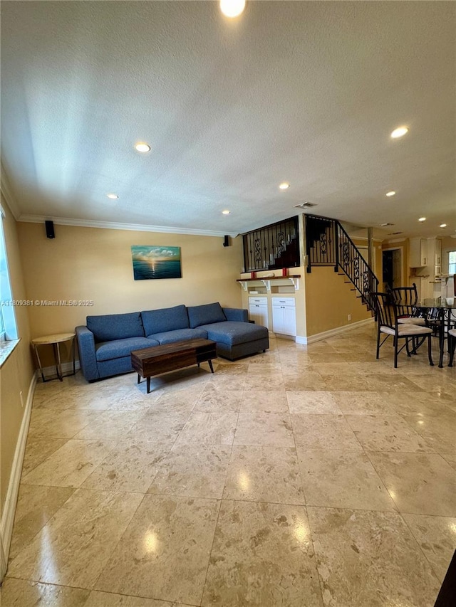 2200 Monroe St Unit 33, Hollywood, FL 33020 - living room featuring baseboards, crown molding, recessed lighting, stairway, and a textured ceiling