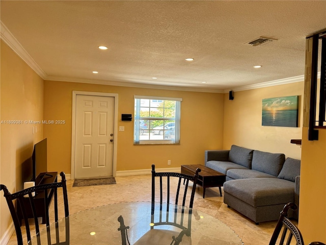 2200 Monroe St Unit 33, Hollywood, FL 33020 - living room with crown molding, recessed lighting, baseboards, and light marble finish floors