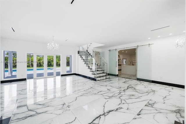 5121 SW 210th Ter, Southwest Ranches, FL 33332 - unfurnished living room with a chandelier, light marble finish flooring, baseboards, and recessed lighting