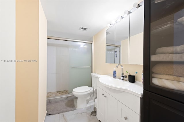 3161 S Ocean Dr Unit 607, Hallandale Beach, FL 33009 - bathroom featuring vanity, toilet, a stall shower, and marble finish floors