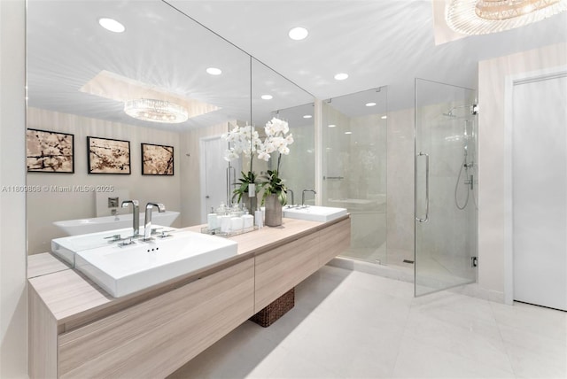 17301 Biscayne Blvd Unit 2210, North Miami Beach, FL 33160 - full bath featuring double vanity, a stall shower, tile patterned flooring, and recessed lighting