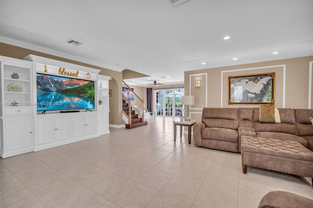 9003 Alexandra Cir, Wellington, FL 33414 - living area featuring light tile patterned flooring, ornamental molding, recessed lighting, and a ceiling fan