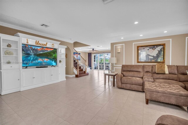 9003 Alexandra Cir, Wellington, FL 33414 - living area with light tile patterned floors, ornamental molding, recessed lighting, and a ceiling fan