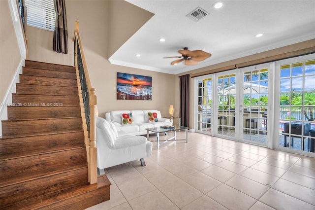 9003 Alexandra Cir, Wellington, FL 33414 - living area featuring ornamental molding, plenty of natural light, tile patterned floors, recessed lighting, and ceiling fan
