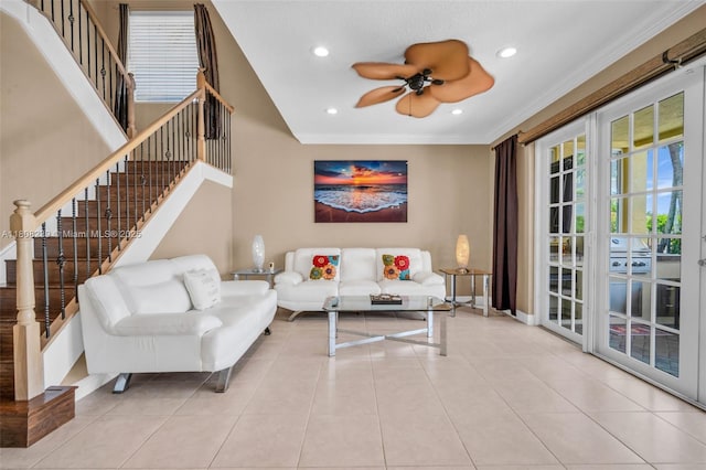 9003 Alexandra Cir, Wellington, FL 33414 - living room with stairs, ornamental molding, ceiling fan, recessed lighting, and baseboards