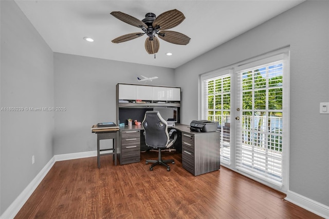 9003 Alexandra Cir, Wellington, FL 33414 - office space featuring dark wood-style floors, baseboards, ceiling fan, and recessed lighting