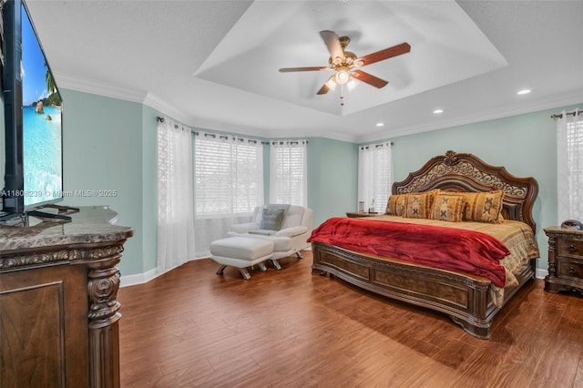 9003 Alexandra Cir, Wellington, FL 33414 - bedroom featuring a tray ceiling, wood finished floors, multiple windows, baseboards, and recessed lighting