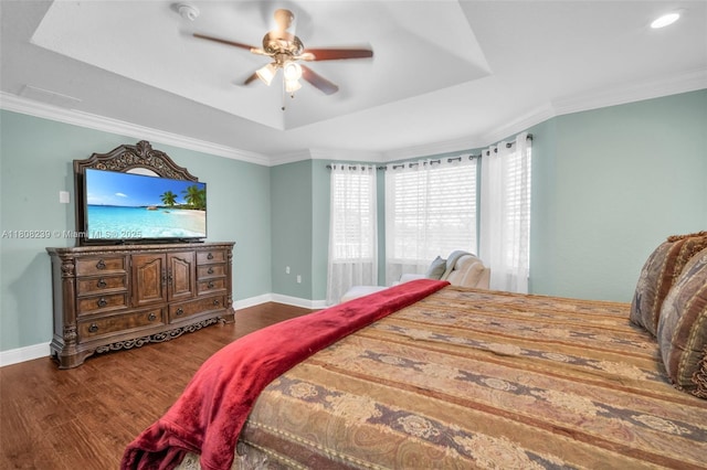 9003 Alexandra Cir, Wellington, FL 33414 - bedroom with a raised ceiling, dark wood-type flooring, baseboards, crown molding, and a ceiling fan