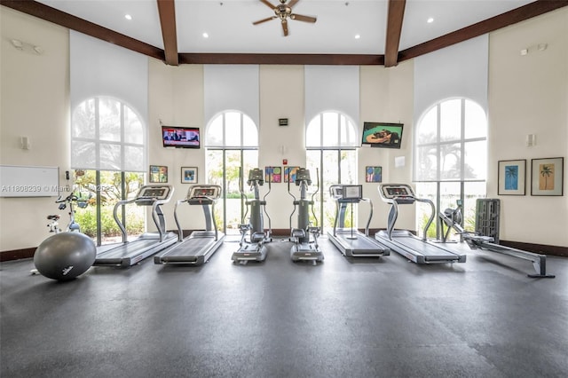 9003 Alexandra Cir, Wellington, FL 33414 - exercise room with a high ceiling, beam ceiling, healthy amount of natural light, a ceiling fan, and baseboards