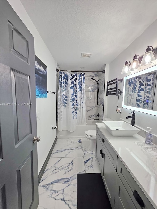 7935 NW 90th Ct, Okeechobee, FL 34972 - bathroom with shower / bath combination with curtain, vanity, marble look tiles, toilet, and a textured ceiling