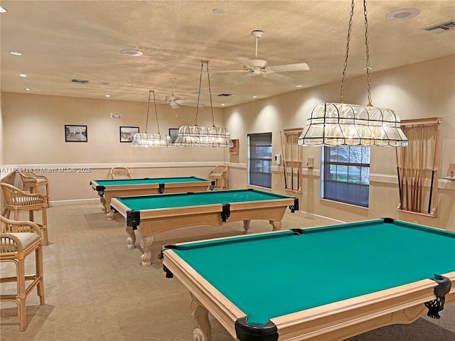 2597 SE 7th Ct, Homestead, FL 33033 - rec room with billiards, ceiling fan, carpet floors, recessed lighting, and a textured ceiling