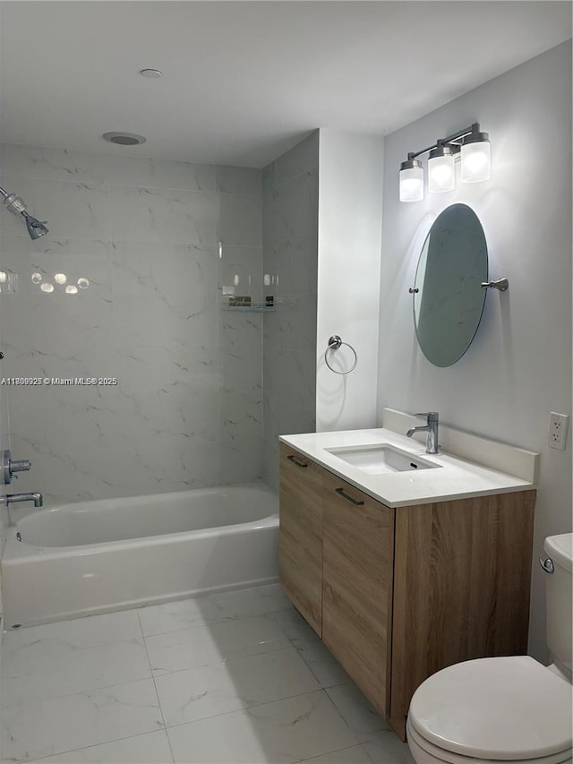 16385 Biscayne Blvd Unit 504, North Miami Beach, FL 33160 - bathroom with marble look tile flooring, vanity, toilet, and shower / washtub combination