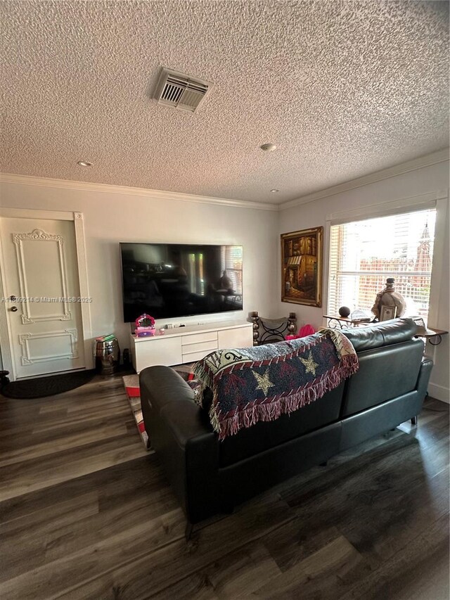 10054 SW 163rd Ct, Miami, FL 33196 - living area with a textured ceiling, crown molding, and dark wood-style flooring