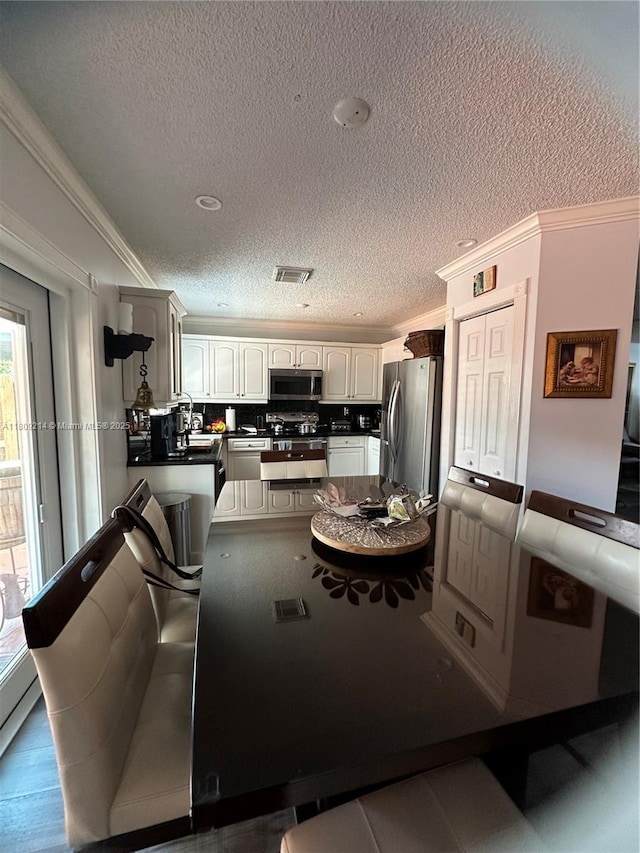 10054 SW 163rd Ct, Miami, FL 33196 - kitchen featuring stainless steel appliances, a textured ceiling, a peninsula, ornamental molding, and a sink