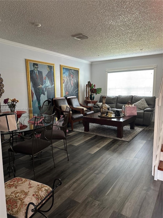 10054 SW 163rd Ct, Miami, FL 33196 - living room featuring a textured ceiling, crown molding, and dark wood finished floors