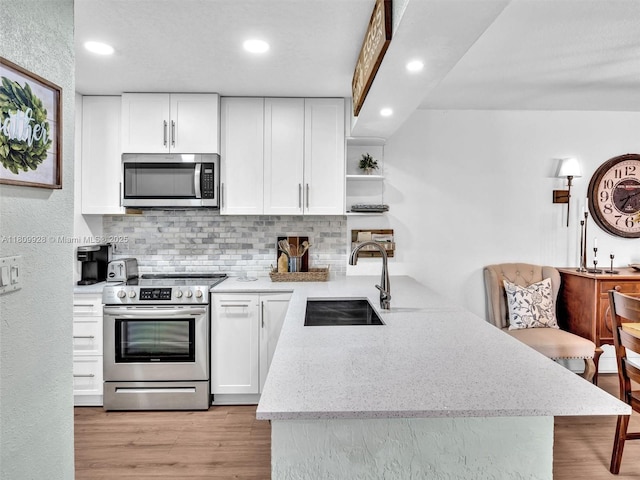 1489 Fairway Rd, Pembroke Pines, FL 33026 - kitchen featuring stainless steel appliances, a sink, open shelves, a peninsula, and recessed lighting