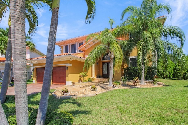 7753 SW 193rd St, Cutler Bay, FL 33157 - mediterranean / spanish house featuring stucco siding, driveway, a front yard, an attached garage, and a tile roof