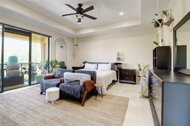 7753 SW 193rd St, Cutler Bay, FL 33157 - bedroom featuring access to outside, a raised ceiling, a ceiling fan, and recessed lighting