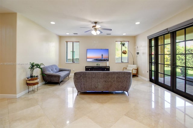 7753 SW 193rd St, Cutler Bay, FL 33157 - living area featuring plenty of natural light, ceiling fan, baseboards, recessed lighting, and french doors