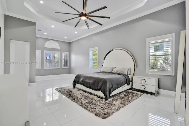 10457 Laurel Rd, Davie, FL 33328 - bedroom with crown molding, a raised ceiling, recessed lighting, tile patterned floors, and baseboards
