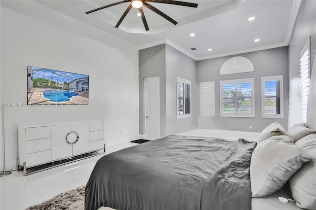 10457 Laurel Rd, Davie, FL 33328 - tiled bedroom featuring recessed lighting, crown molding, baseboards, and ceiling fan