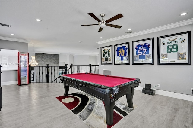 10457 Laurel Rd, Davie, FL 33328 - recreation room featuring baseboards, crown molding, a ceiling fan, wood finished floors, and recessed lighting
