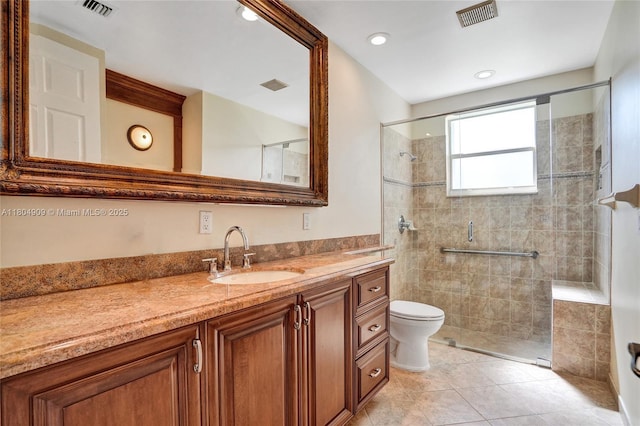 10457 Laurel Rd, Davie, FL 33328 - full bath with toilet, vanity, tiled shower, tile patterned flooring, and recessed lighting