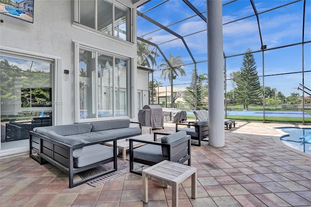 10457 Laurel Rd, Davie, FL 33328 - view of patio with an outdoor hangout area, a lanai, an outdoor pool, and a grill
