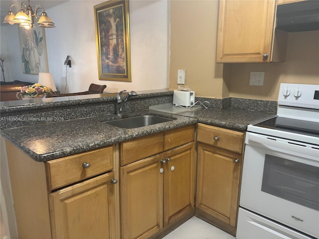 15428 SW 85th Ln Unit 159, Miami, FL 33193 - kitchen featuring white electric range oven, extractor fan, a chandelier, a peninsula, and brown cabinetry