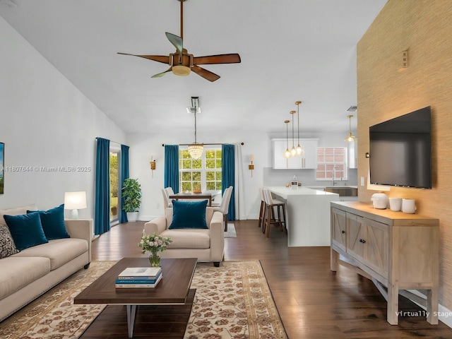 17654 SW 5th Ct, Pembroke Pines, FL 33029 - living area featuring dark wood-type flooring, a ceiling fan, and vaulted ceiling