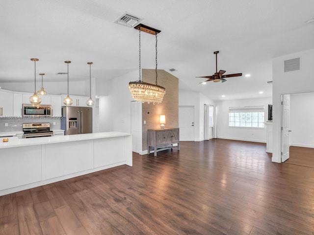 17654 SW 5th Ct, Pembroke Pines, FL 33029 - unfurnished living room with vaulted ceiling, ceiling fan, dark wood-style floors, baseboards, and recessed lighting