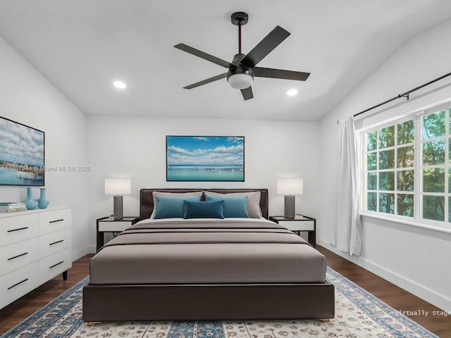 17654 SW 5th Ct, Pembroke Pines, FL 33029 - bedroom with lofted ceiling, baseboards, wood finished floors, recessed lighting, and a ceiling fan