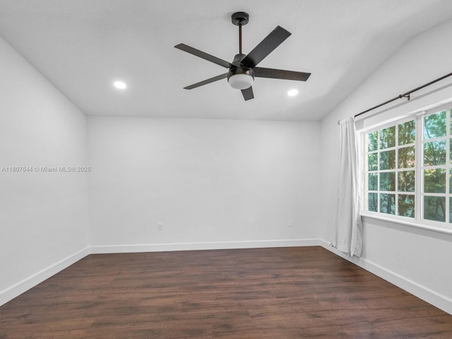 17654 SW 5th Ct, Pembroke Pines, FL 33029 - empty room with recessed lighting, ceiling fan, dark wood-style floors, baseboards, and vaulted ceiling