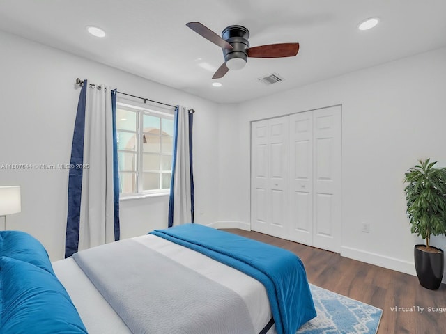 17654 SW 5th Ct, Pembroke Pines, FL 33029 - bedroom featuring baseboards, wood finished floors, a closet, recessed lighting, and ceiling fan