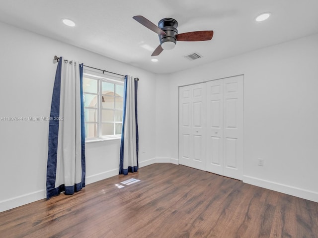 17654 SW 5th Ct, Pembroke Pines, FL 33029 - unfurnished bedroom featuring dark wood-style flooring, baseboards, recessed lighting, a ceiling fan, and a closet
