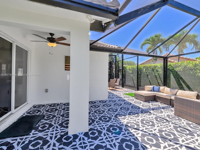 17654 SW 5th Ct, Pembroke Pines, FL 33029 - view of patio / terrace featuring ceiling fan, glass enclosure, and an outdoor living space