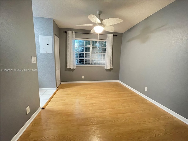 301 SW 86th Ave Unit 208, Pembroke Pines, FL 33025 - empty room with ceiling fan, a textured wall, light wood finished floors, electric panel, and baseboards