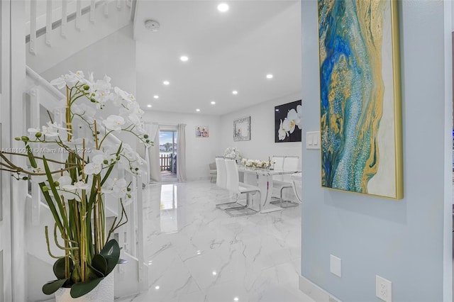 17306 SW 139th Ct, Miami, FL 33177 - hallway featuring marble tiled floors, recessed lighting, and stairs