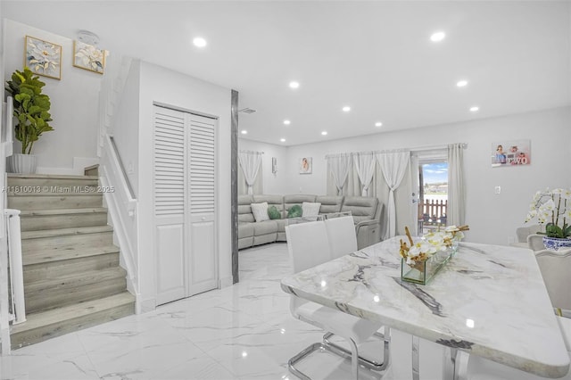 17306 SW 139th Ct, Miami, FL 33177 - dining space featuring stairway, light marble finish floors, and recessed lighting