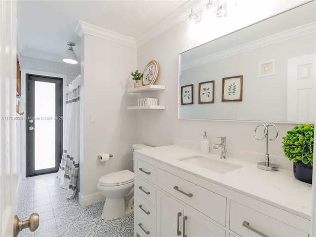 11145 SW 126th St, Miami, FL 33176 - full bath featuring vanity, ornamental molding, toilet, tile patterned floors, and a shower with shower curtain