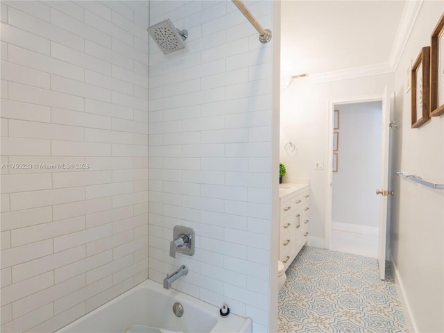 11145 SW 126th St, Miami, FL 33176 - bathroom featuring crown molding, tub / shower combination, vanity, tile patterned floors, and baseboards