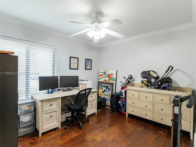 11145 SW 126th St, Miami, FL 33176 - office area featuring crown molding, ceiling fan, and dark wood-style flooring