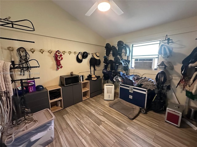 1230 F Rd, Loxahatchee, FL 33470 - interior space with lofted ceiling, wood finished floors, and a ceiling fan