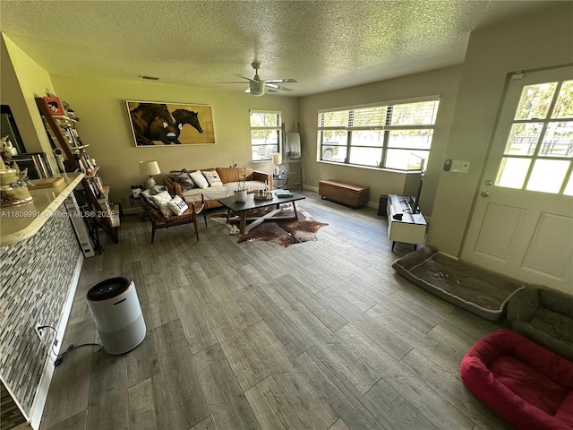 1230 F Rd, Loxahatchee, FL 33470 - living room with wood finished floors, a ceiling fan, and a textured ceiling